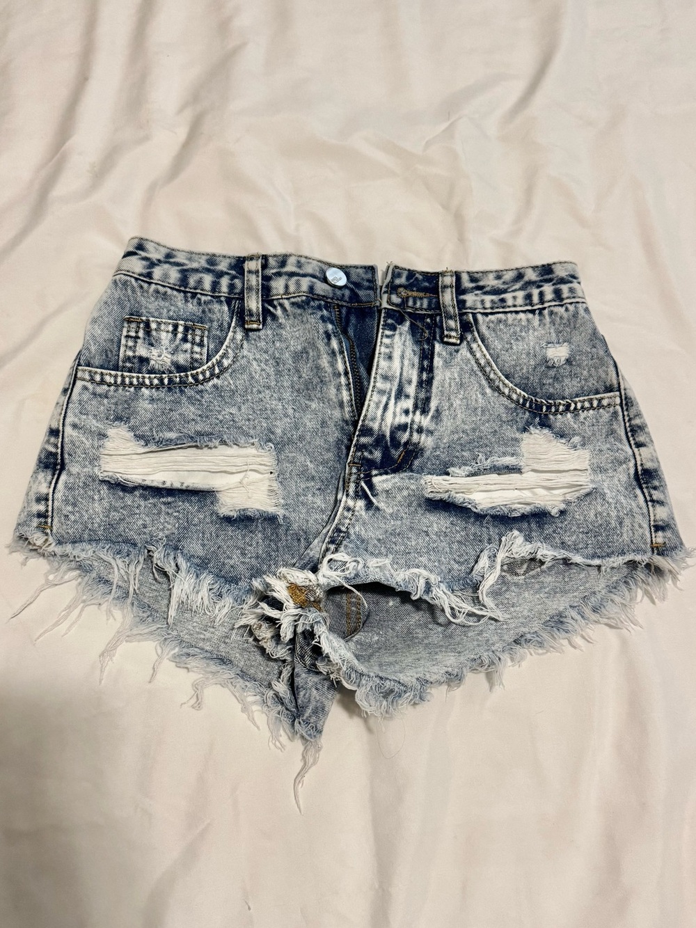 High-Rise Distressed Denim Shorts - Washed Blue